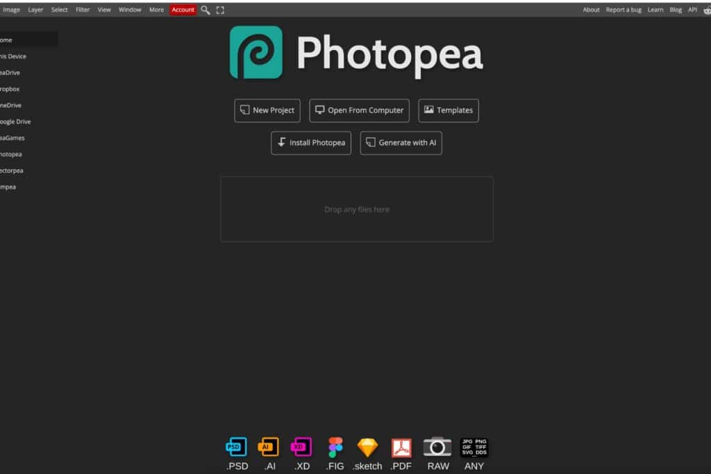 Screenshot of the Photopea homepage, showing the logo at the top, buttons for New Project, Open From Computer, Templates, and options to install or generate with AI, with file format icons at the bottom.